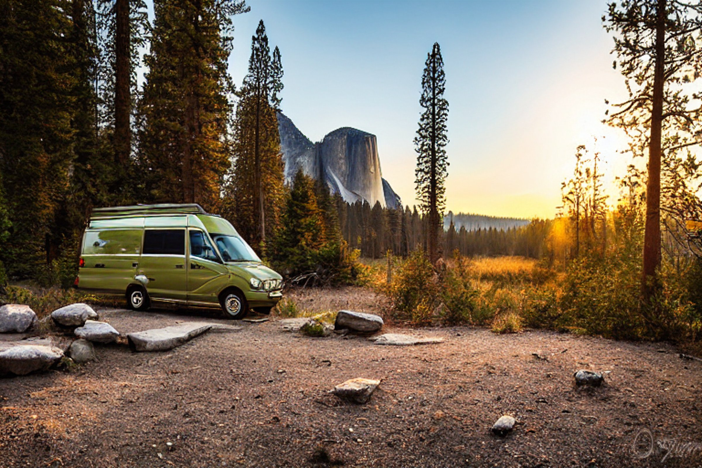 A green camo van rests on a gravel campsite in Yosemite as snow falls softly. Mountains rise behind the van, while colorful autumn trees glow in the sunset. A warm campfire burns nearby, with a backpack on the ground.