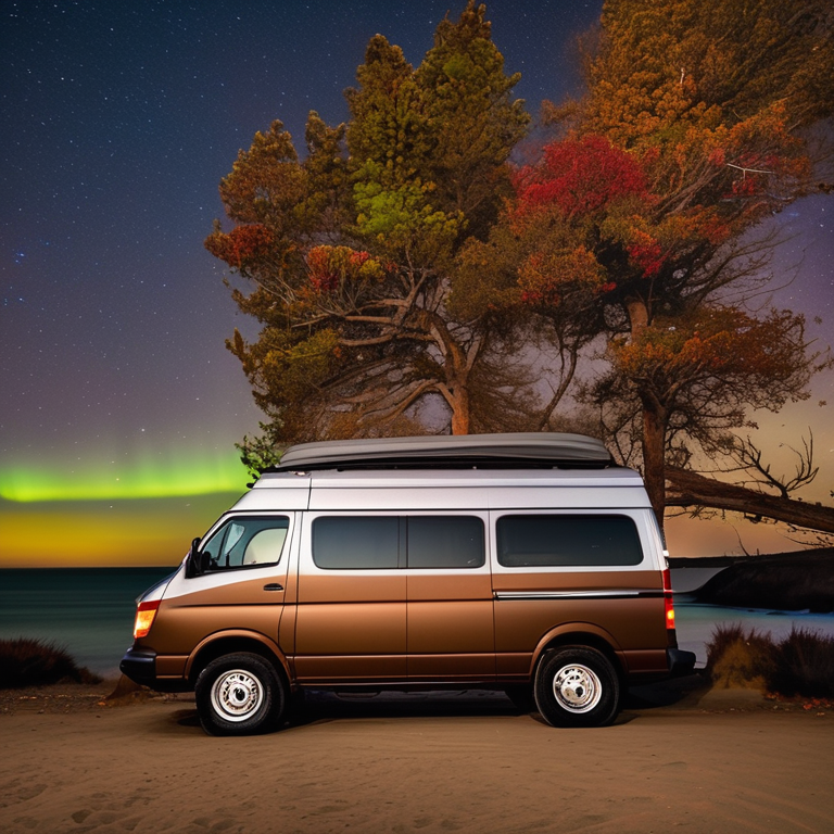 A brown camper van rests on a quiet beach campsite under a glowing northern lights sky. Fall-colored trees, berry bushes, distant mountains, and a bright moon create a peaceful nighttime scene.