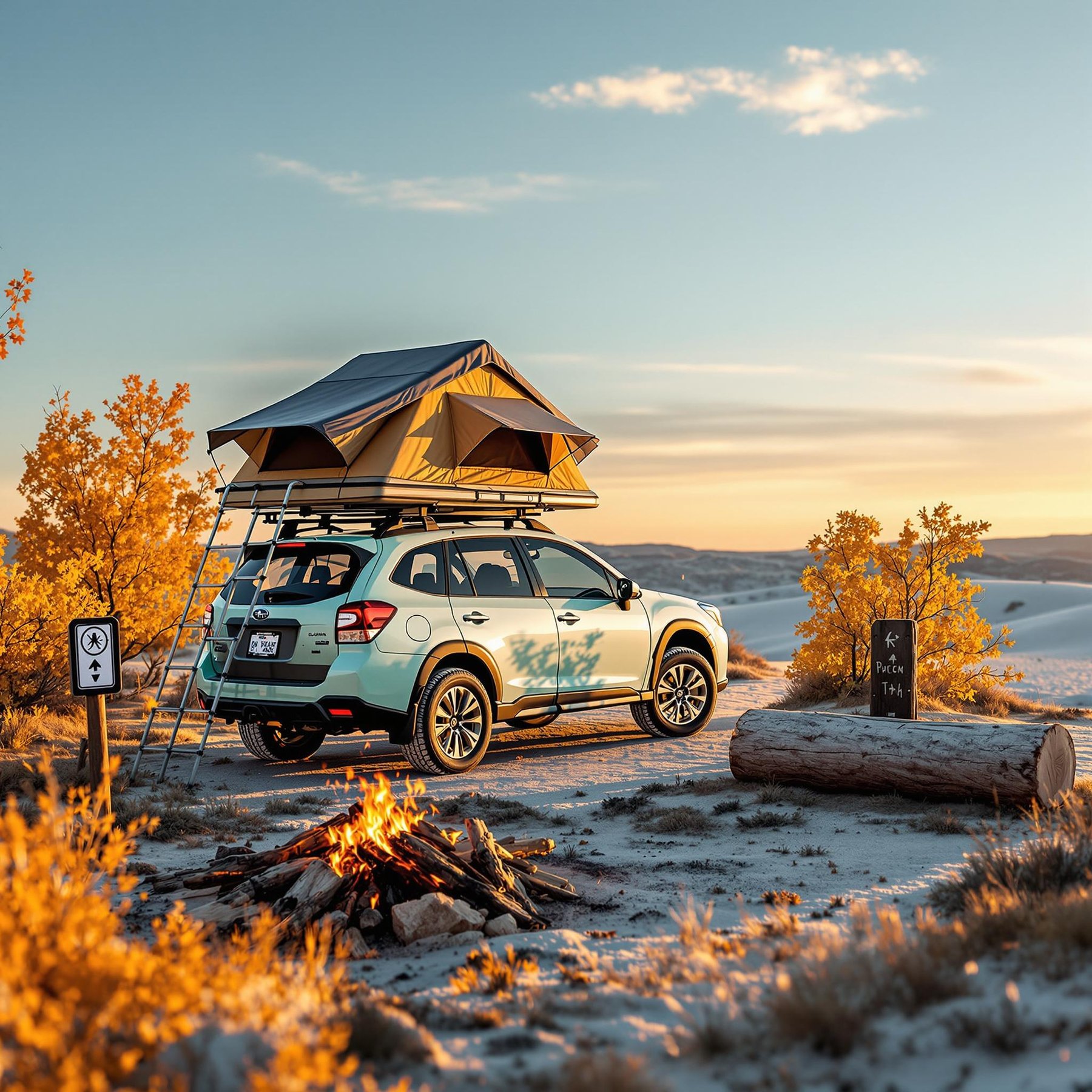 A mint green Subaru rests beneath a glowing golden sky at White Sands National Park, with its rooftop tent open and ready for sleep. Fall-colored trees, a trail marker, a spider web, and a campfire beside a large log create a cozy, breezy campsite.