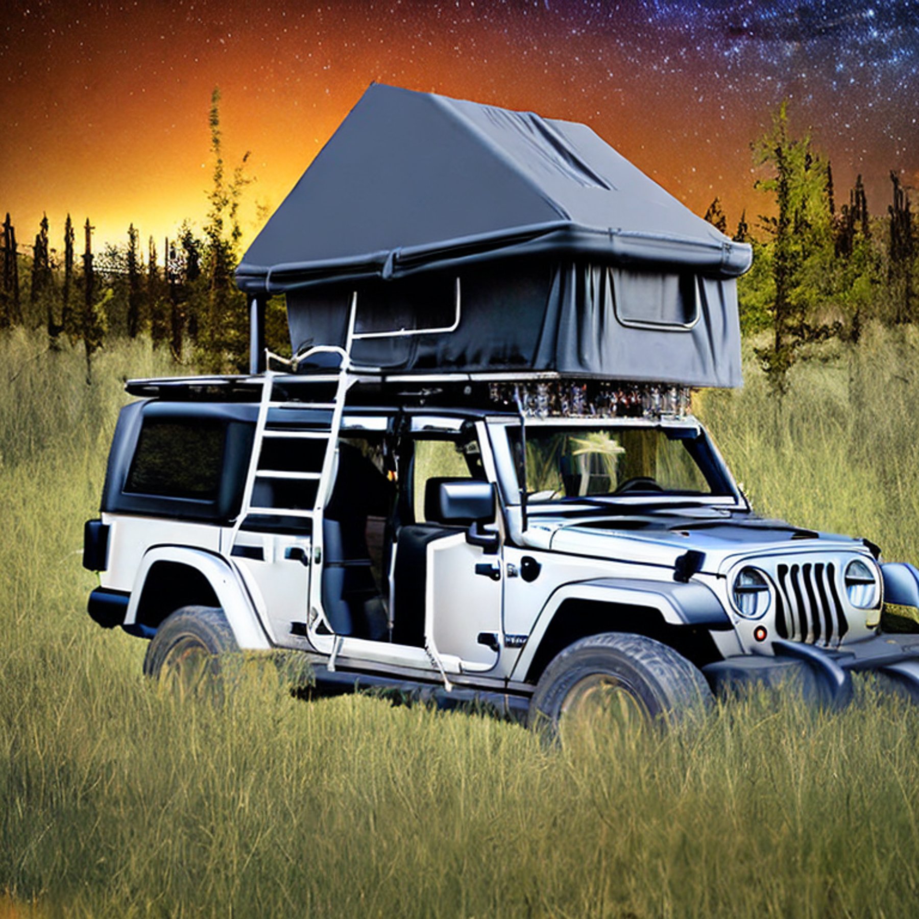 A black Jeep with an open rooftop tent rests on a quiet dirt patch in an overgrown forest. Tall grass, rocks, and a picnic table surround the campsite under a starry, stormy sky. A distant moon adds a soft glow to the wild nighttime scene.