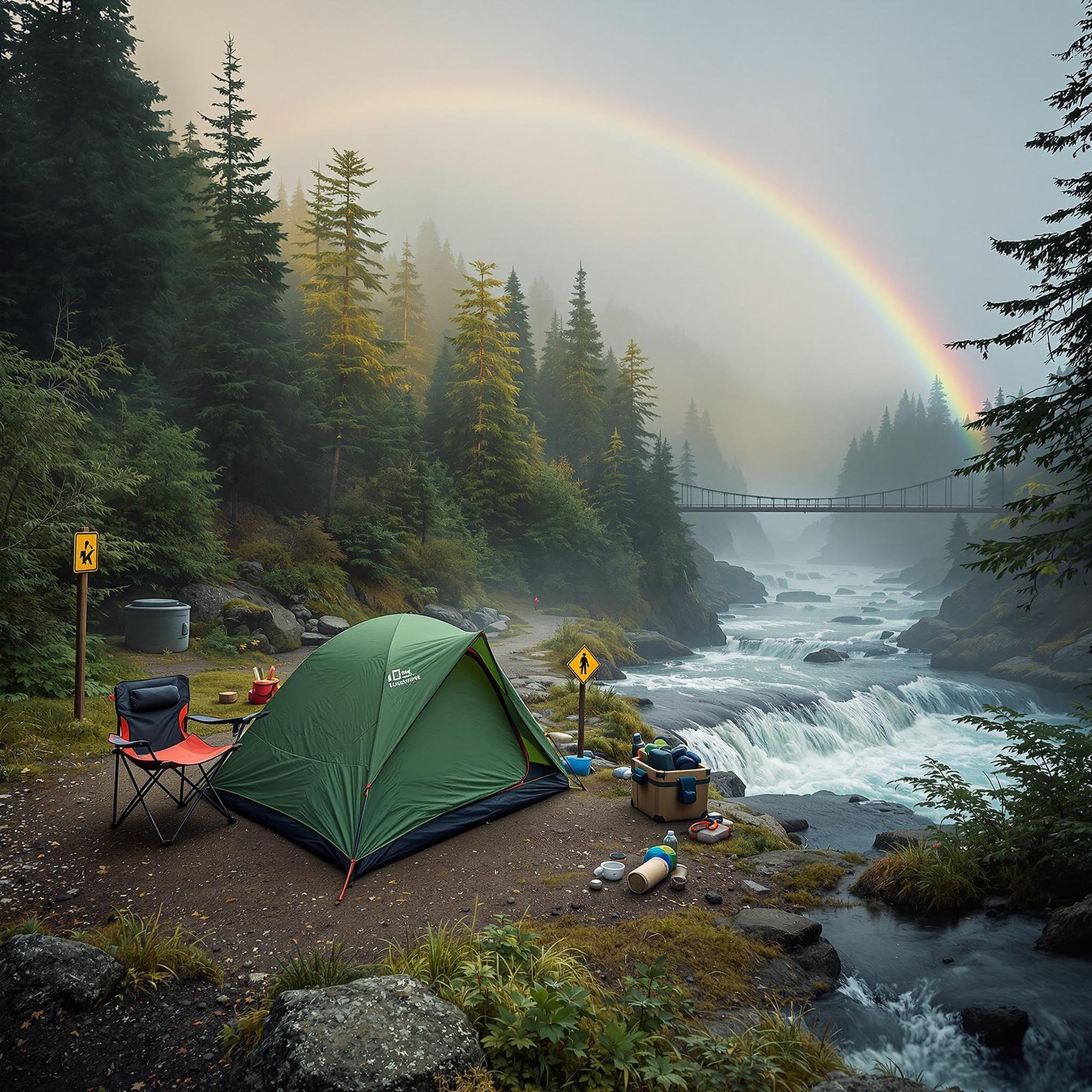 A cozy tent sits by a rushing river under tall, green pine trees. A bright rainbow arches across the misty sky, and a bridge stretches over the water. It feels peaceful and magical, perfect for an adventure in nature.