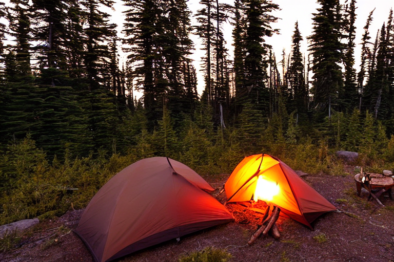 A tan tent rests on a snowy campsite at sunset in Isle Royale National Park. A warm campfire glows among stones and logs, while birds fly overhead and a deer stands far away.
