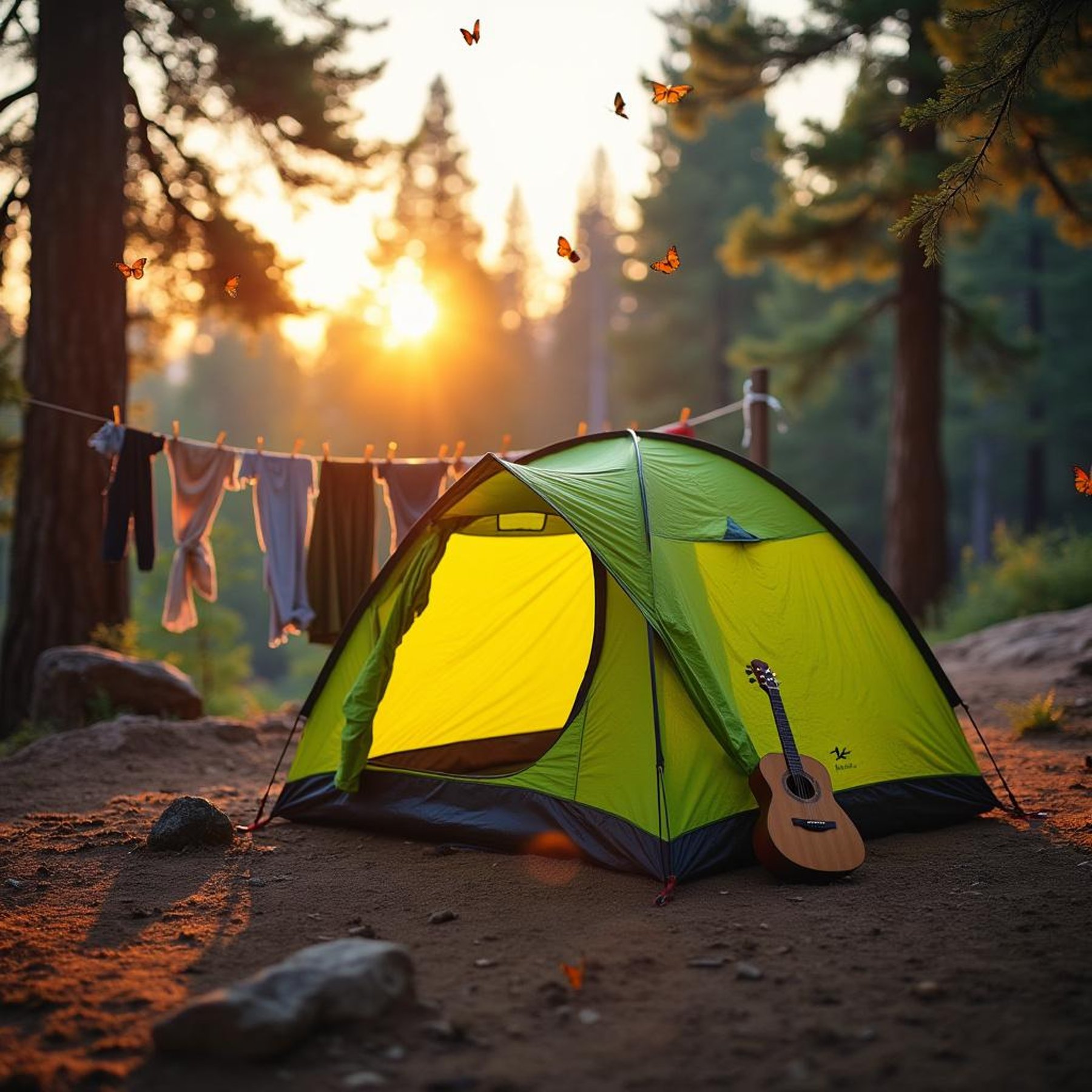 A bright lime green tent rests beneath towering sequoia trees as sunset light glows through the stormy sky. A wooden guitar, hanging clothes, and fallen leaves give the campsite a cozy feel, while butterflies flutter nearby.