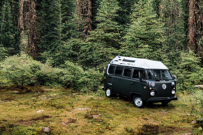 A black VW campervan rests on a quiet dirt campsite beneath tall, mossy trees. Nearby, a stream winds through the rainy forest, with berry bushes and a box of camping gear adding charm. Soft golden light glows through the clouds, creating a peaceful mood.