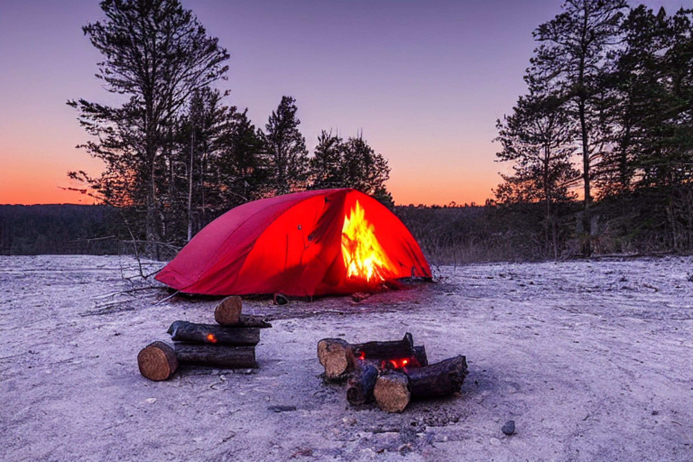 A bright red tent rests on a snowy campsite in the Ozarks at dusk. Nearby, a warm campfire glows among stones and logs beneath the distant moon.