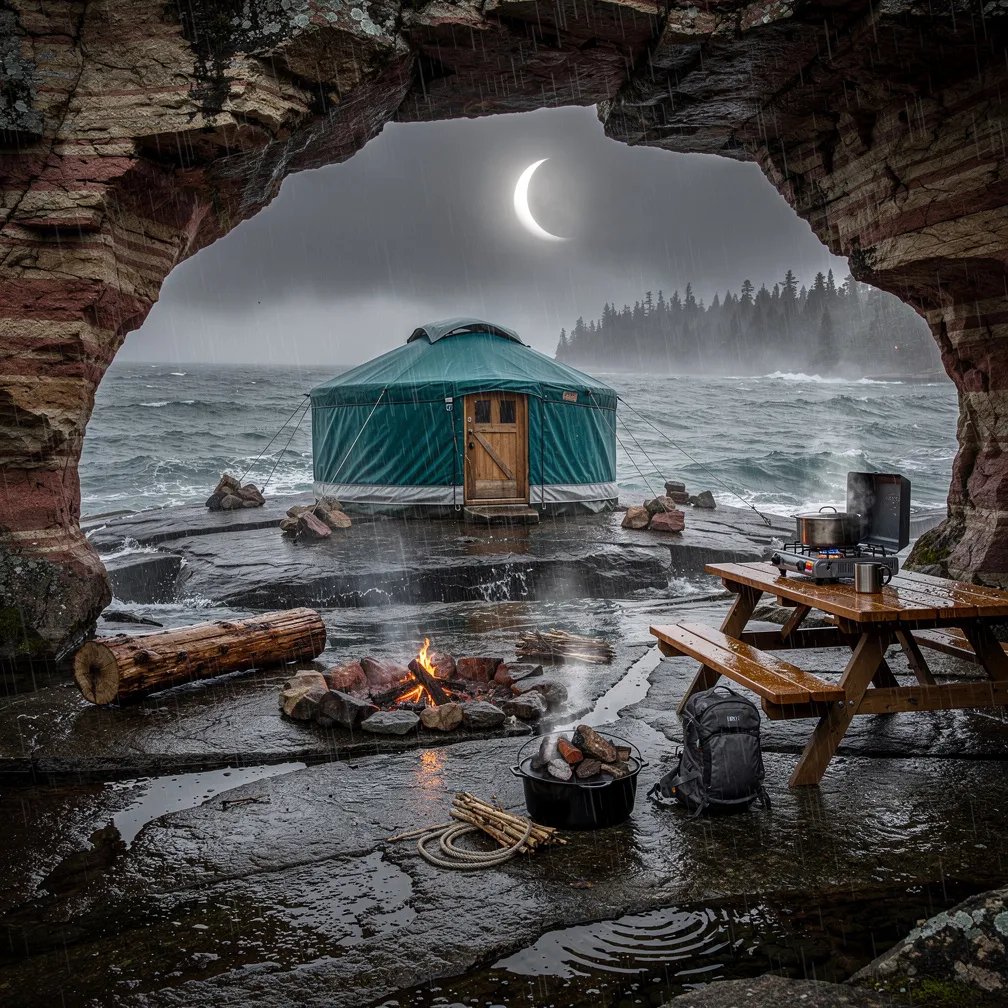 A weathered stone arch frames a rocky lakeshore with shiny puddles and mist over Lake Superior. A teal round tent sits on the flat rock near a small fire ring, with a picnic table and a little stove close by. Rain falls in cool, dim eclipse light, making everything feel quiet and wild. A cast-iron pot rests by the coals as waves and fog blur the distant trees.