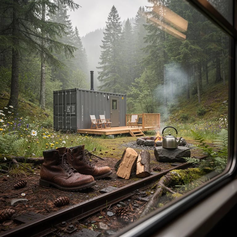 A quiet campsite sits in a lush forest valley, with ferns, wildflowers, and wet leaves on the ground. A small metal cabin with a wooden deck stands near a narrow train track, glowing softly in the misty morning. Sunbeams slip through the clouds, lighting a fire ring with a kettle, split logs, and hiking boots warming by the embers.