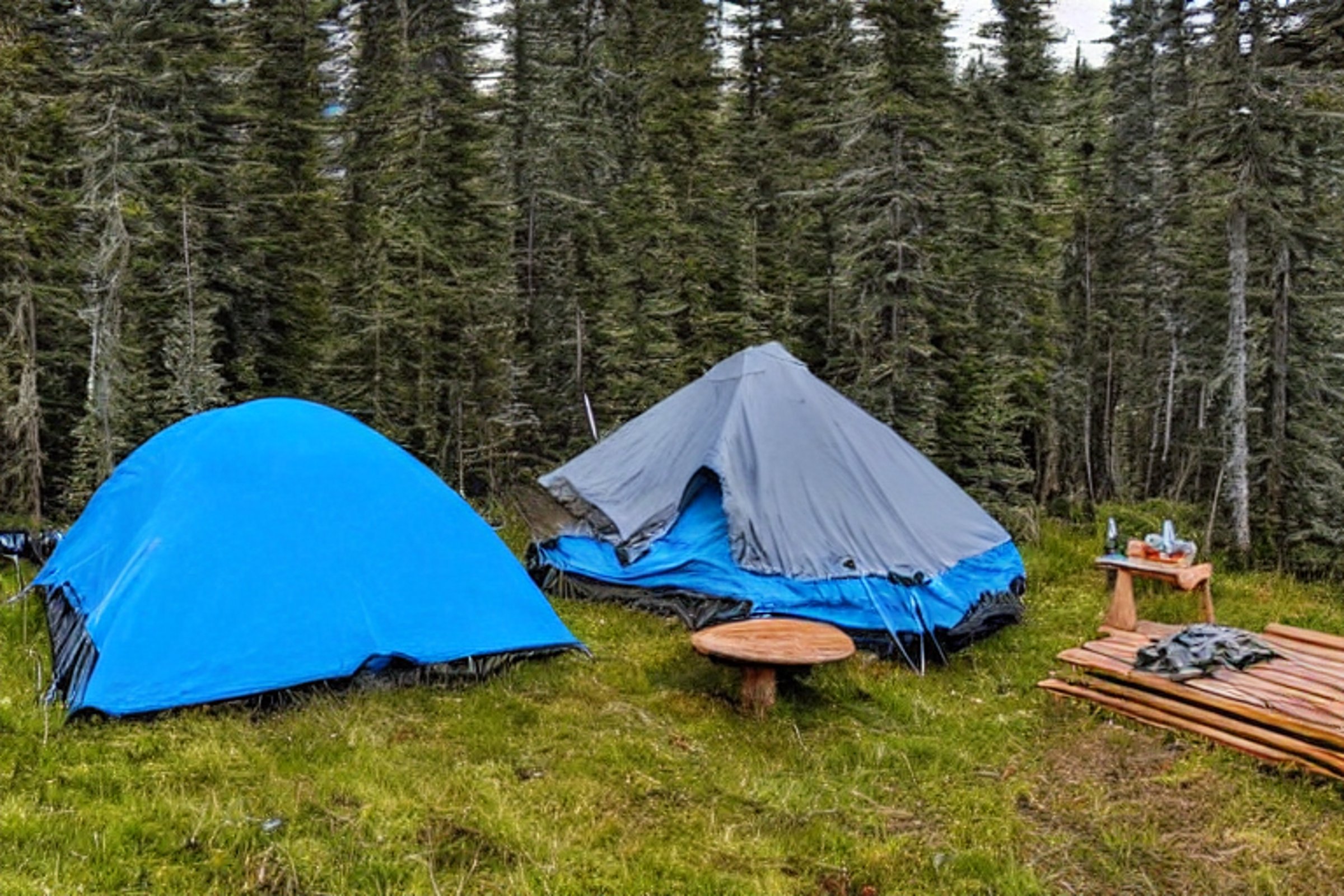 A blue and gray tent rests in a quiet Alaska wilderness under a foggy night sky. A warm campfire glows beside a picnic table, clothesline, and scattered stones. A wooden guitar lies near the tent, adding a cozy touch.