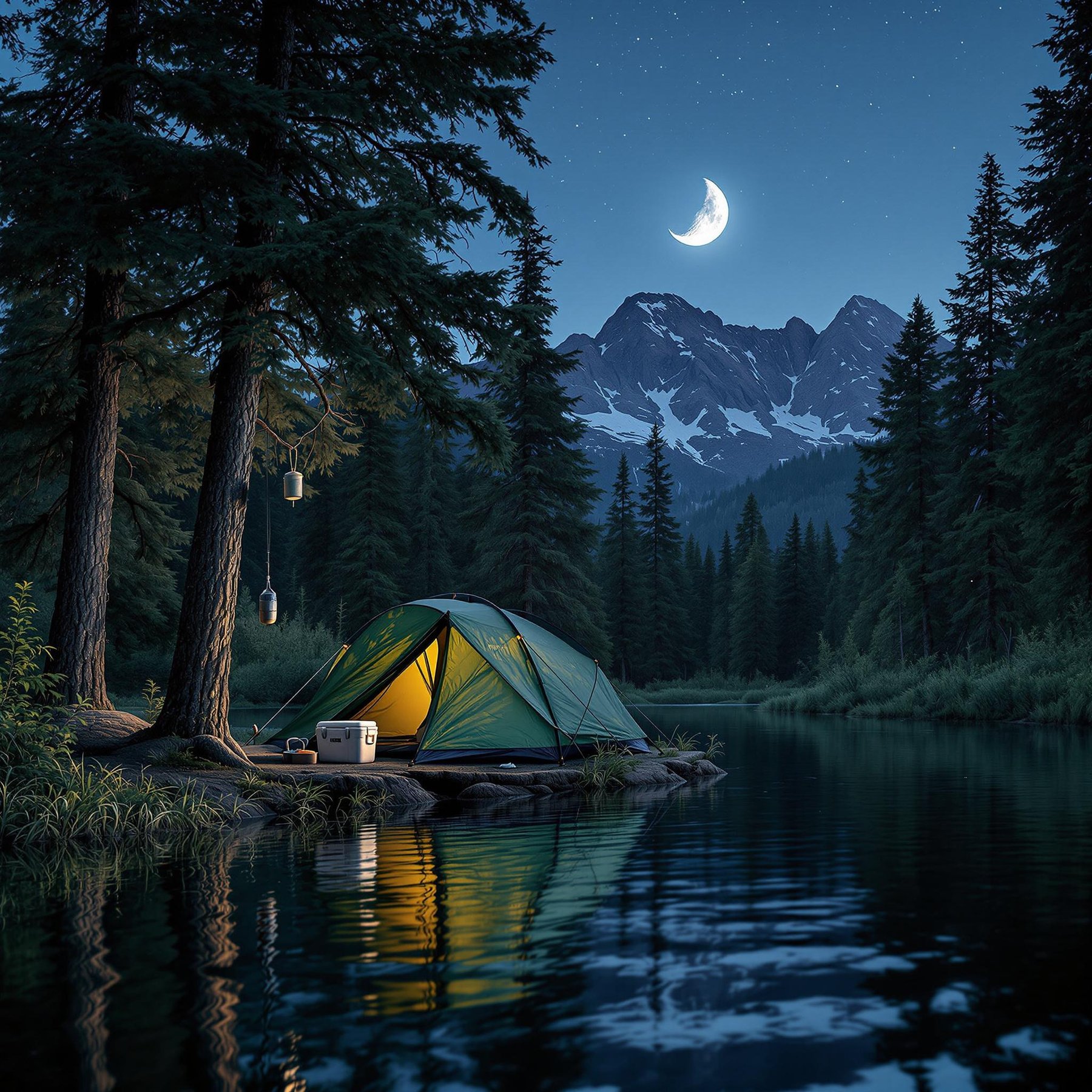 A cozy tent glows softly by a sparkling river, surrounded by tall, whispering trees. The night sky twinkles with a bright crescent moon above majestic mountains. It's a peaceful place where nature sings a gentle lullaby.