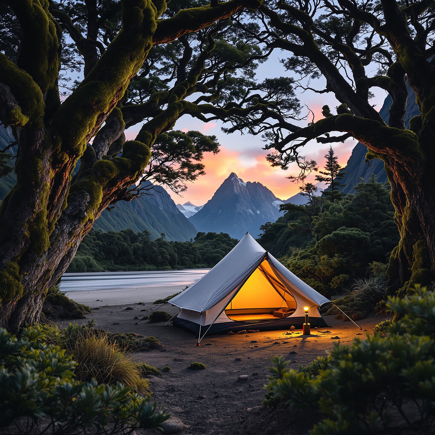 A cozy tent glows under big, mossy trees beside a calm river. Tall mountains rise up in the distance as the sky turns pink at sunset. This campsite feels peaceful and magical, perfect for an adventure in nature.