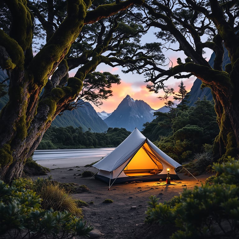 A cozy tent glows under big, mossy trees beside a calm river. Tall mountains rise up in the distance as the sky turns pink at sunset. This campsite feels peaceful and magical, perfect for an adventure in nature.
