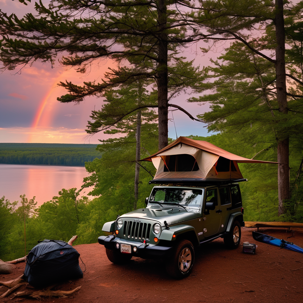 A cozy Jeep campsite rests among the trees at Apostle Islands, with a rooftop tent ready for the night. A canoe waits nearby, while a hammock and fishing rod add to the peaceful scene. Soft drizzle and golden light create a dreamy view beside the water.