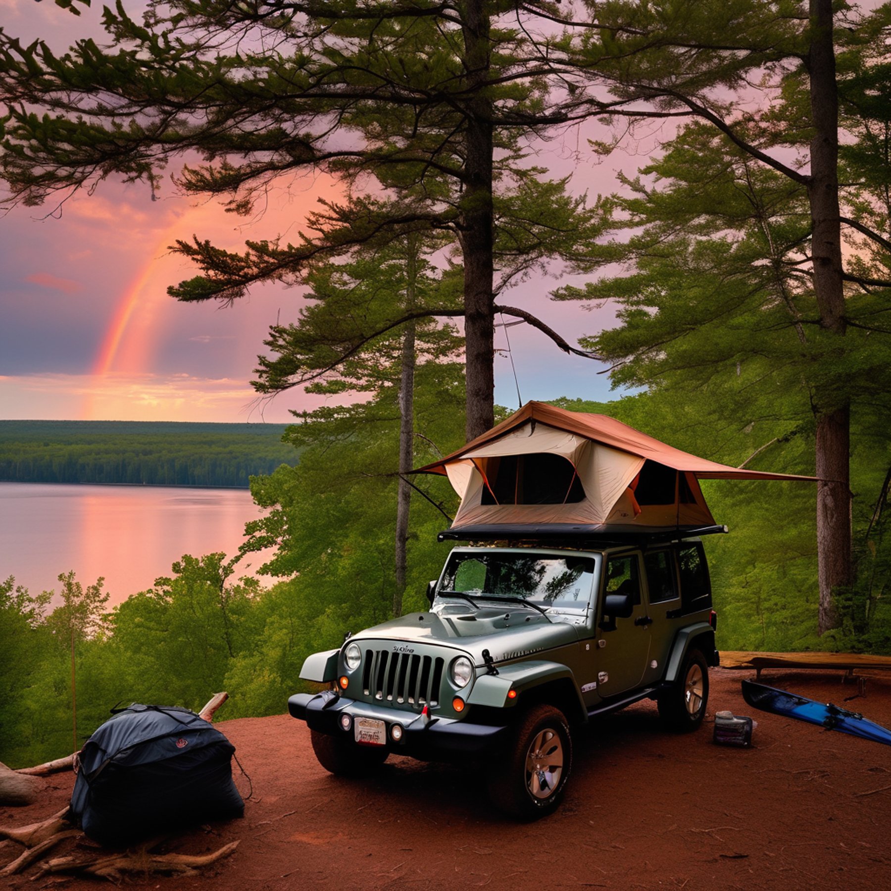 A cozy Jeep campsite rests among the trees at Apostle Islands, with a rooftop tent ready for the night. A canoe waits nearby, while a hammock and fishing rod add to the peaceful scene. Soft drizzle and golden light create a dreamy view beside the water.