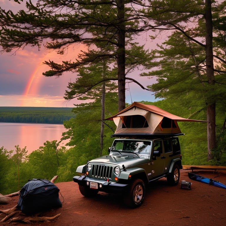 A cozy Jeep campsite rests among the trees at Apostle Islands, with a rooftop tent ready for the night. A canoe waits nearby, while a hammock and fishing rod add to the peaceful scene. Soft drizzle and golden light create a dreamy view beside the water.