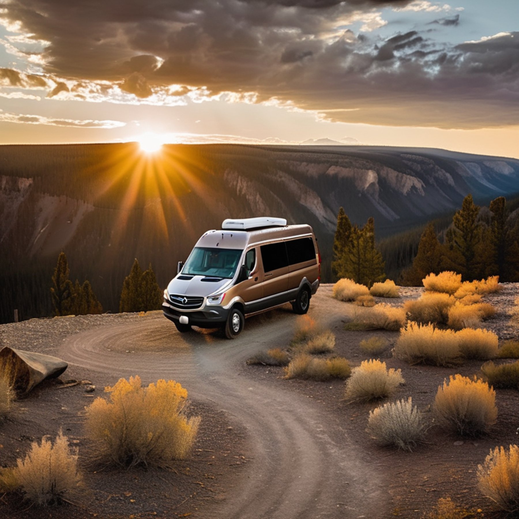 A brown camper van rests on a paved campsite in Yellowstone as the sun sets. Rough ground, scattered stones, fallen leaves, and tall bushes create a peaceful wild setting.