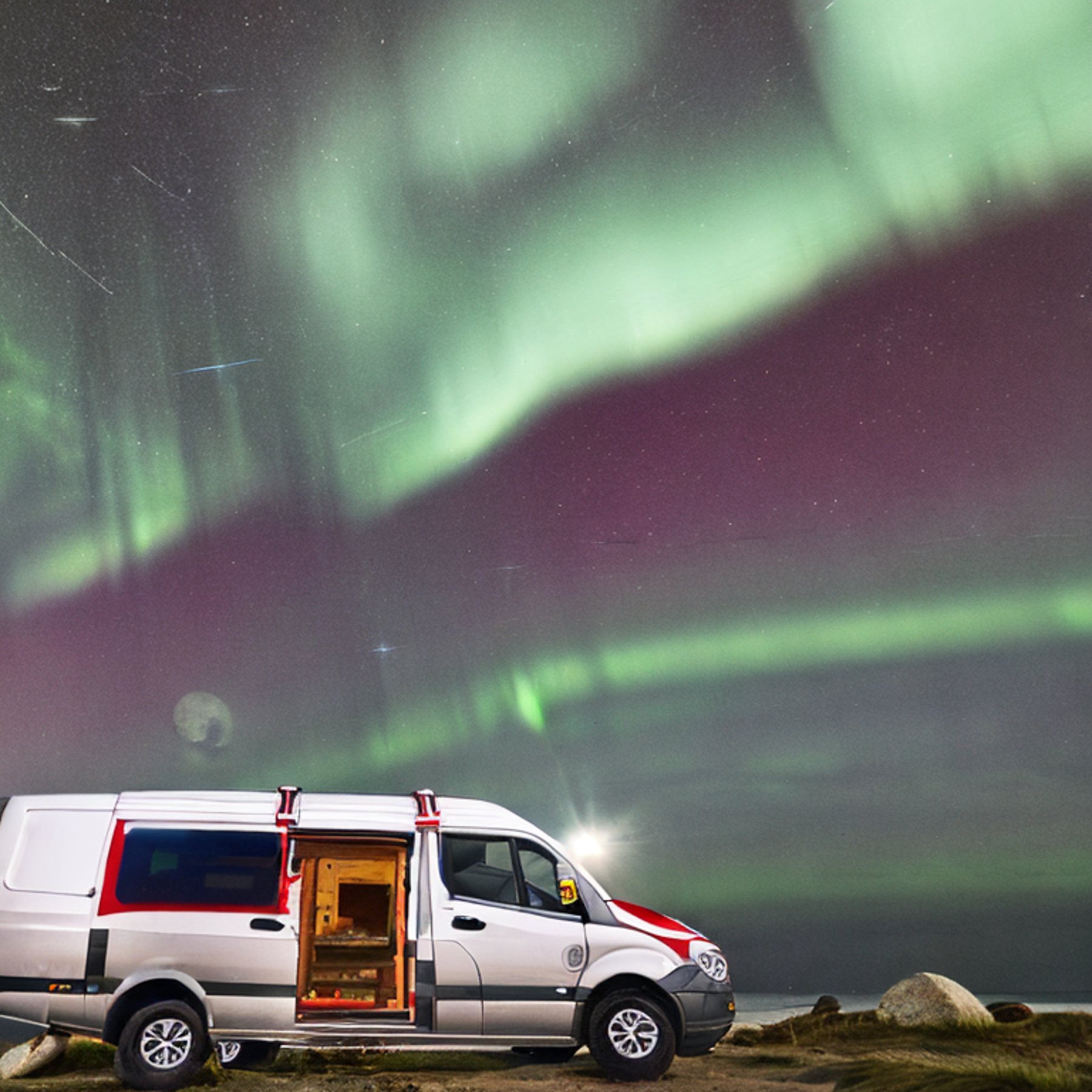 A red-and-white camper van rests on a quiet beach beneath glowing green northern lights. Boulders and a dirt patch surround the campsite, while soft clouds and a distant moon shine over the ocean.