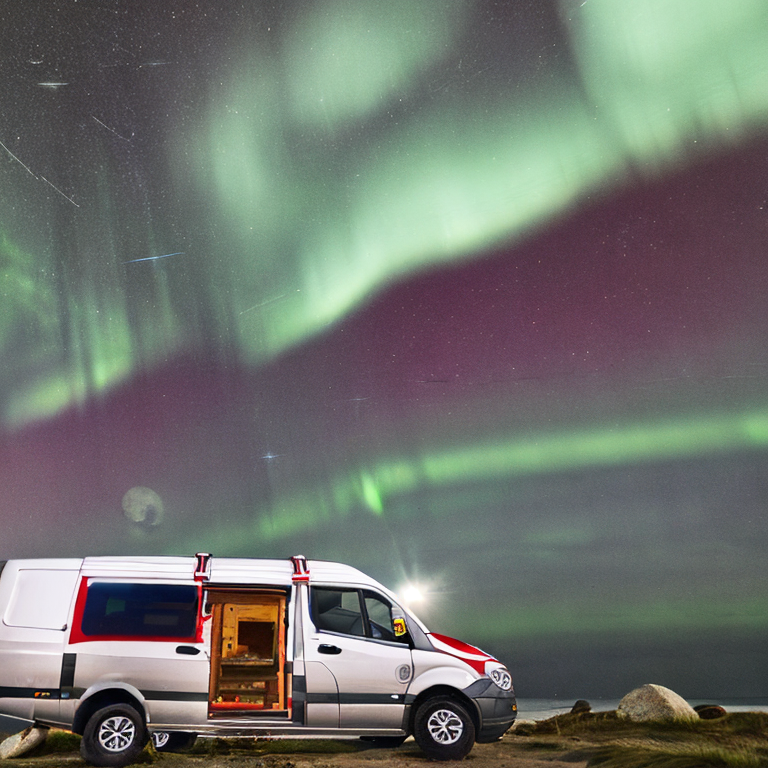 A red-and-white camper van rests on a quiet beach beneath glowing green northern lights. Boulders and a dirt patch surround the campsite, while soft clouds and a distant moon shine over the ocean.