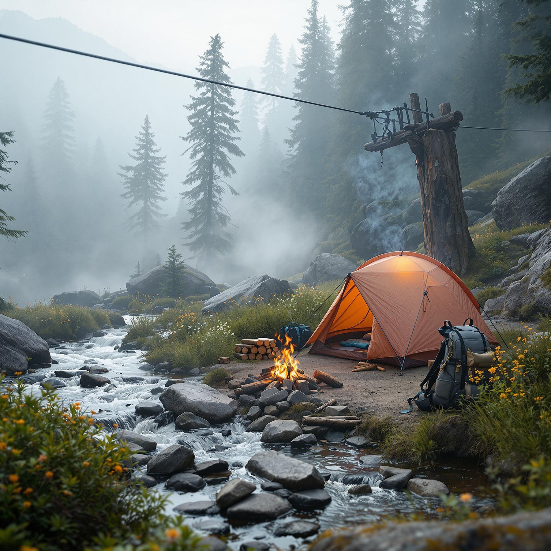 A cozy orange tent sits by a bubbling creek, surrounded by tall, misty pine trees. The crackling campfire glows warmly, perfect for roasting marshmallows. It's a dreamy spot for adventure and relaxation in the heart of nature.