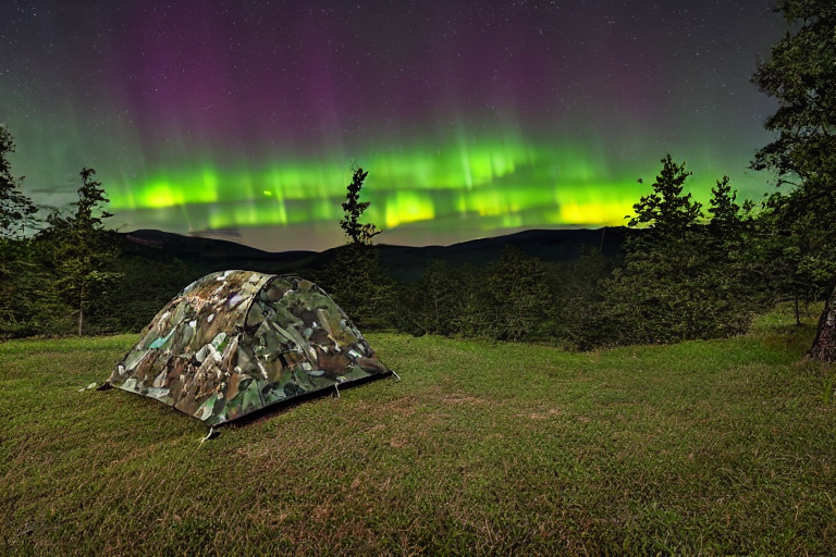 A green camo tent rests on a rocky campsite beneath glowing northern lights. Fog drifts through the small trees, with a mountain rising in the distance. Overgrown grass and a dirt patch add a wild, peaceful feel.