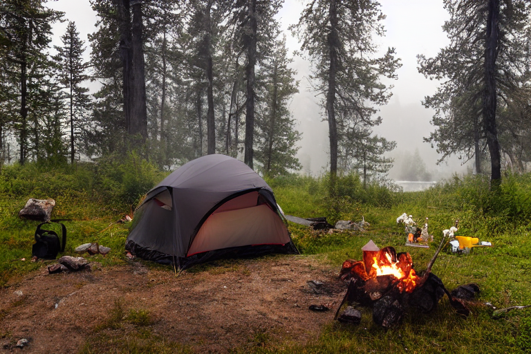 A black tent rests beside a glowing campfire in the misty forests of Plitvice Lakes National Park. Wildflowers, berry bushes, camping gear, and stone-ringed logs add charm to the quiet nighttime campsite.