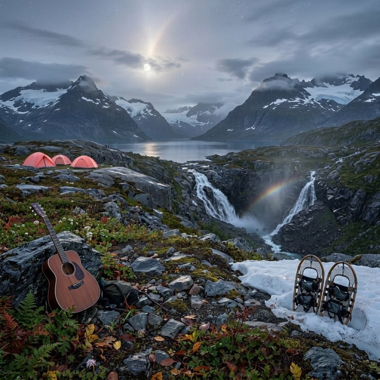 A quiet campsite rests on a rocky tundra above a mountain valley. Coral tents, a wooden guitar, and upright snowshoes sit among ferns, wildflowers, and old leaves. In the soft evening drizzle, a waterfall shines beneath the full moon.