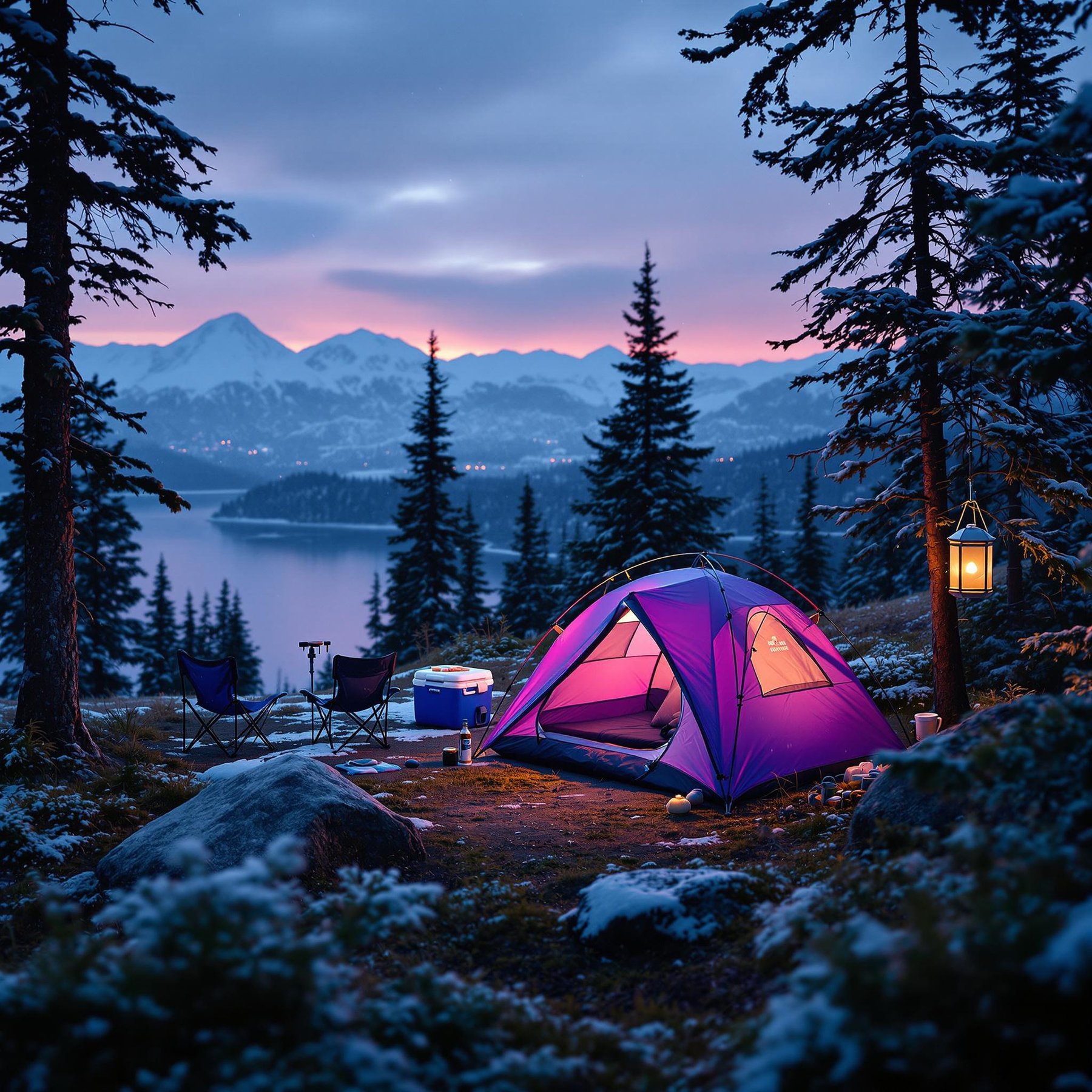 A cozy purple tent glows warmly under a starry sky, surrounded by tall, snowy trees. In the distance, majestic mountains rise above a shimmering lake as the sun sets with pink and blue hues. The campsite feels peaceful and magical, with a lantern casting a gentle light over the scene.