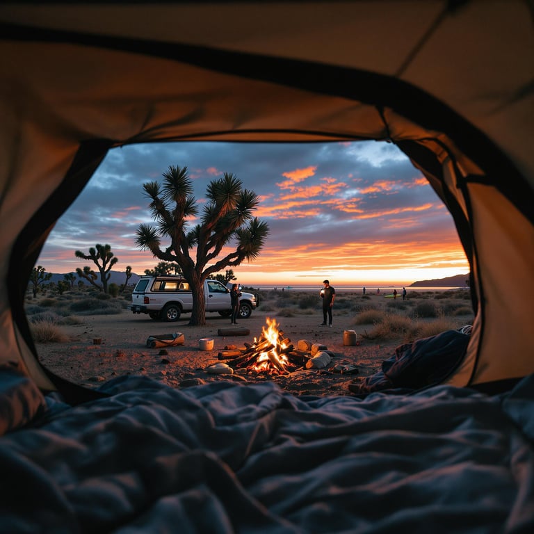 This desert campsite glows with a cozy campfire under spiky Joshua trees. A colorful sunset lights up the sky as friends stand by their truck. It’s the perfect spot for stories and stargazing.