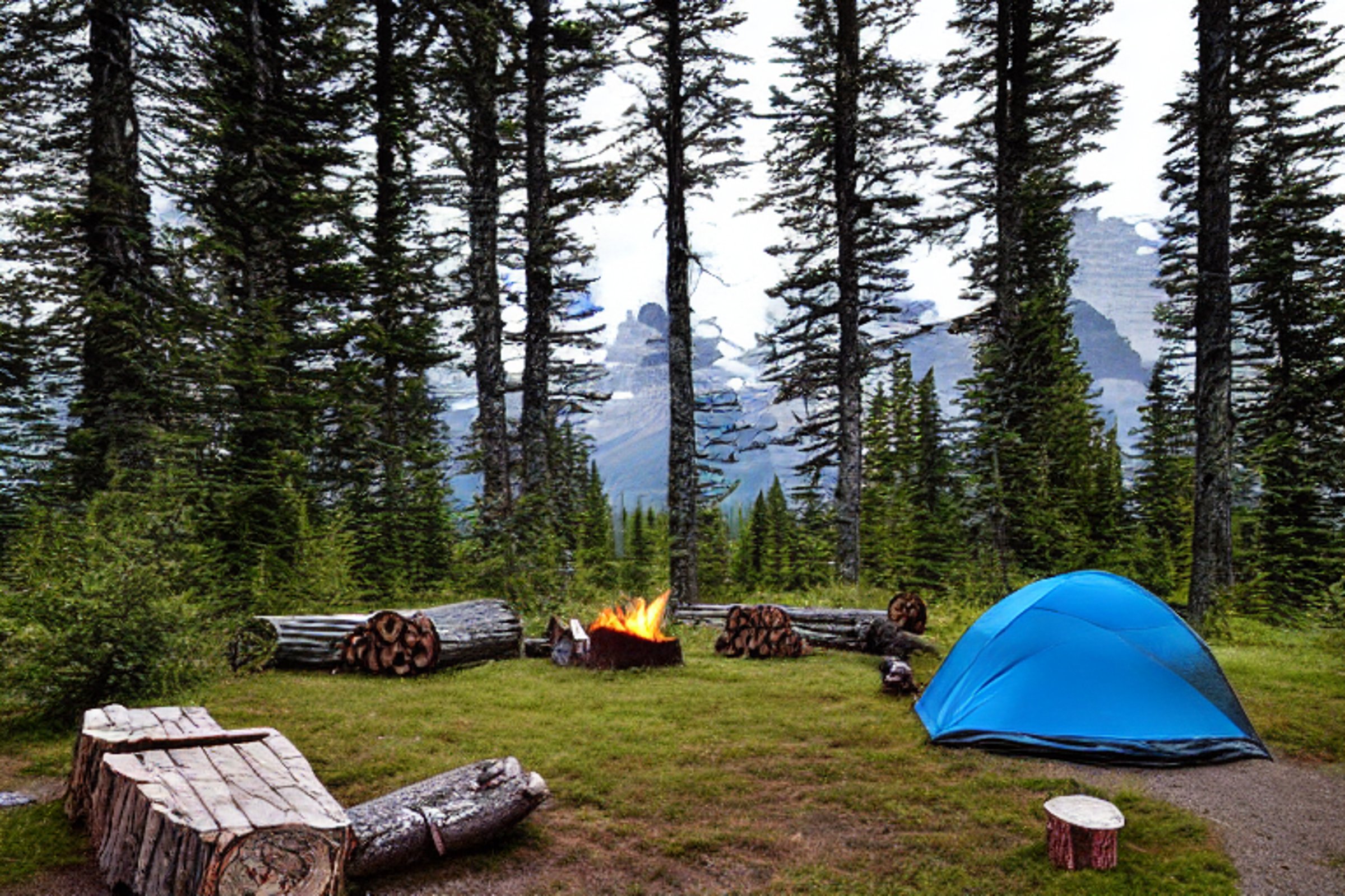 A blue and gray tent rests on a quiet paved campsite in Glacier National Park. A warm campfire glows among stones and logs beneath mossy trees, while a deer stands in the distance. The clear dusk sky gives the scene a calm, peaceful feeling.