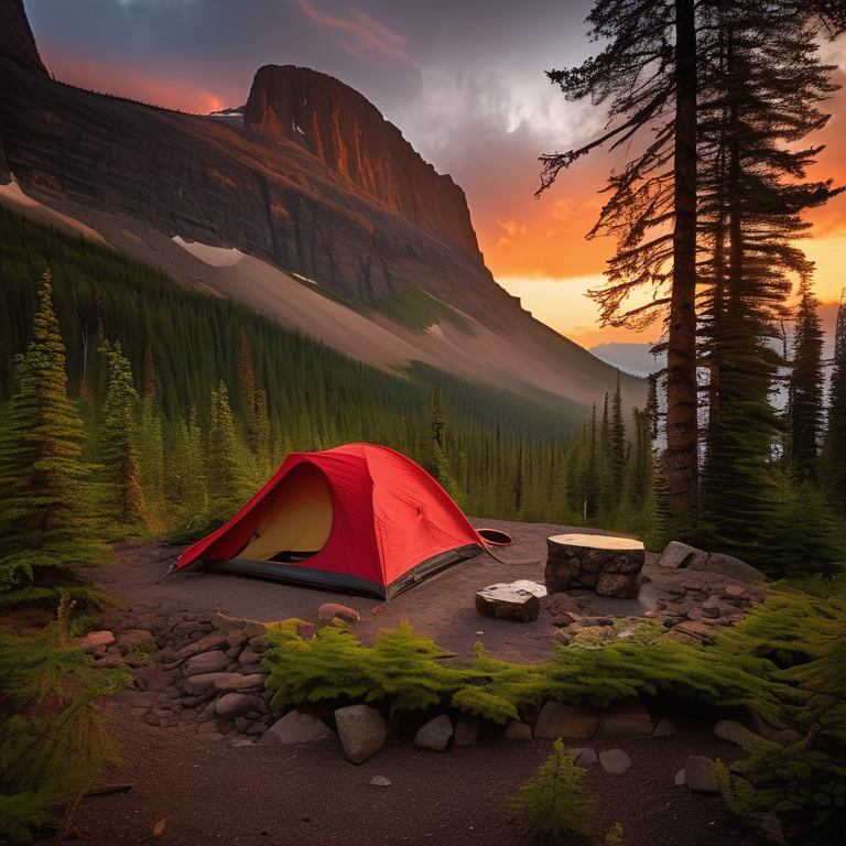 A bright red tent rests on a rocky campsite in Glacier National Park. Ferns and large stone slabs surround the warm campfire as rain falls beneath the sunset sky. A deer stands quietly in the distance.