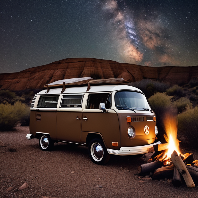 A brown campervan rests in a quiet petrified forest beneath a sky full of stars. A warm campfire glows beside the van, surrounded by stones and logs. Leaves and gravel cover the ground around the peaceful campsite.