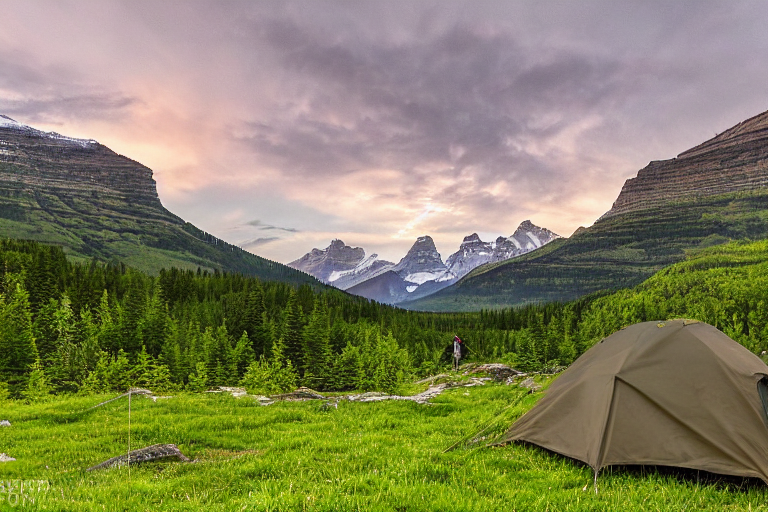 A green and tan tent rests on a quiet dirt campsite beneath a star-filled sky. Rolling hills and large stone slabs surround the camp, while a distant flashlight glows in the night.