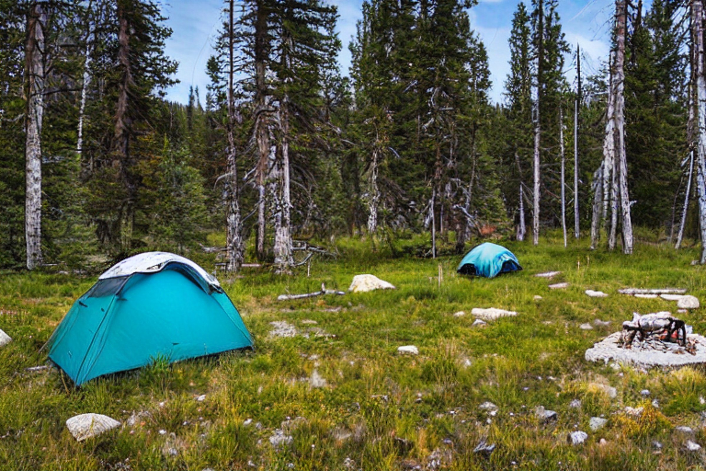 A teal tent rests beside a warm campfire under a sky full of stars. Wildflowers, boulders, and gravel patches surround the cozy campsite in Yellowstone. Camping chairs sit nearby, ready for a peaceful night outdoors.