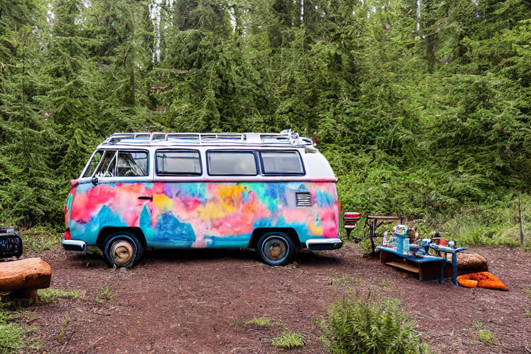 A colorful VW campervan rests beside a steaming hot spring at dusk. Ferns and dirt surround a campfire, with logs and a picnic table nearby. Dark storm clouds add a wild, cozy feeling to the campsite.