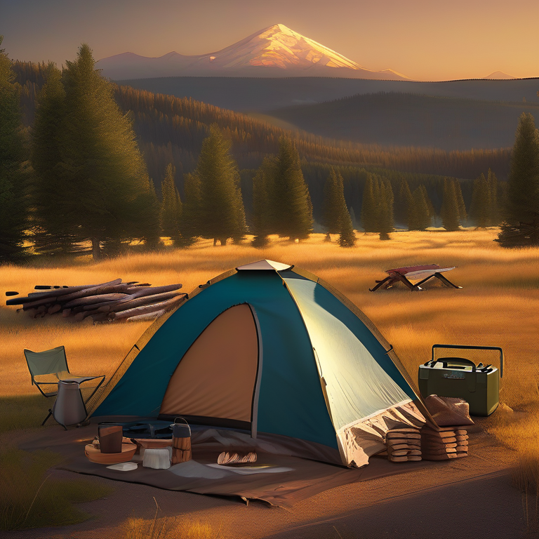 A cozy brown tent rests beside a warm campfire on a sunny Montana evening. Rolling hills stretch into the distance, while a picnic table and camping gear sit nearby. The soft sunset light makes the dirt campsite feel peaceful and inviting.