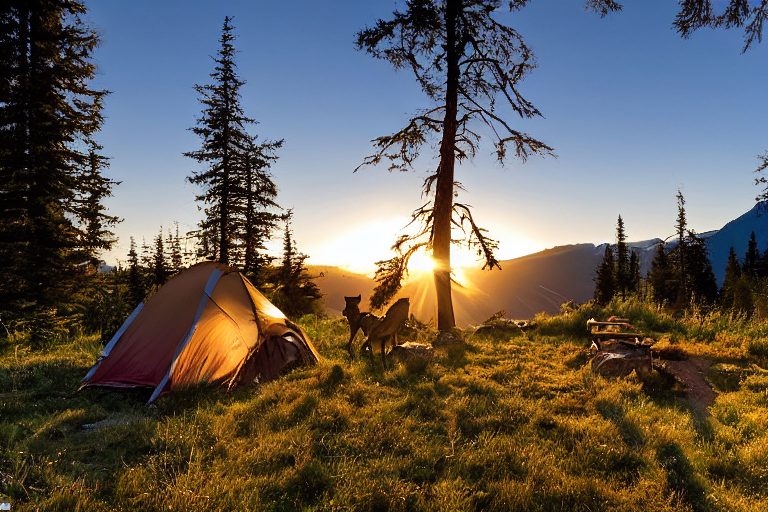 A green tent rests beside a crackling campfire on a sunny dirt clearing in Washington State. A cool stream winds through the campsite, while a deer stands in the distance beneath the warm sunset sky.