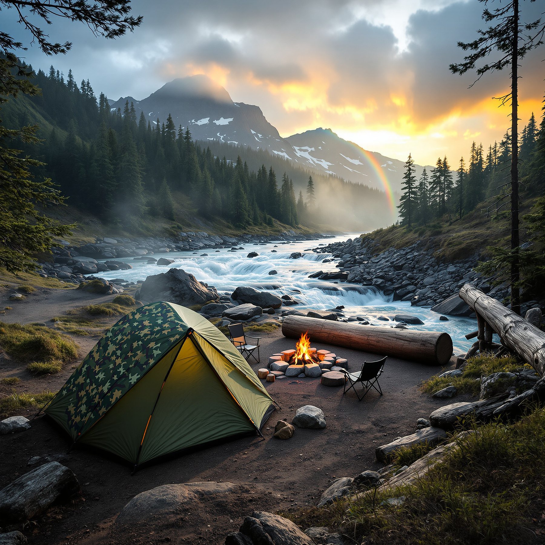 This campsite sits beside a rushing mountain river, surrounded by tall pine trees and rocky hills. A cozy tent and campfire invite you to relax as the sun sets and a rainbow glows in the sky. It feels peaceful, wild, and full of adventure.