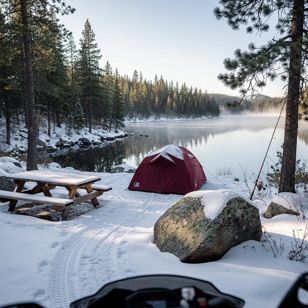 A quiet winter campsite sits by a still lake, surrounded by tall pine trees and soft snow. A maroon tent rests near the shore, with a snowy picnic table close by and a fishing rod leaning on a tree. Snowmobile tracks lead in, and a big granite boulder stands like a lookout in the foreground.