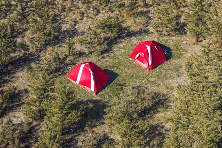 A red and white tent rests among tall trees on rocky, sandy ground. A warm campfire glows beside the tent, making the quiet night feel cozy beneath the wide sky.