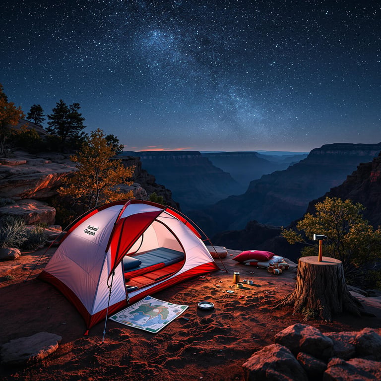 A red and white tent rests below a suspension bridge in the Grand Canyon. Fall-colored trees sway in the wind beneath a sky full of bright stars. A map, compass, axe, outdoor shower, and ancient petroglyphs add adventure to the rocky campsite.
