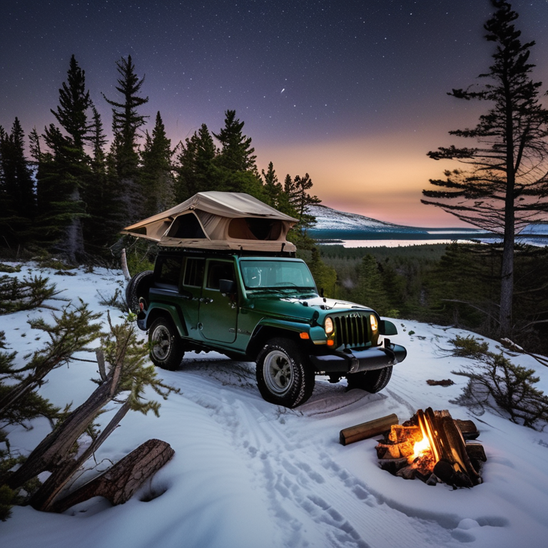A green Jeep with a rooftop tent rests beside a warm campfire in snowy Acadia National Park. Tall grass, thick bushes, and a clothesline surround the dirt campsite, while a distant flashlight glows in the night.