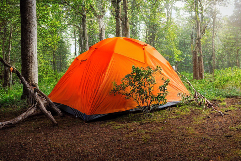 An orange tent rests on a quiet paved campsite beneath tall forest trees. A dirt path winds through the clearing, with a small twig on the ground. In the distance, a person’s flashlight glows under the clear night sky.