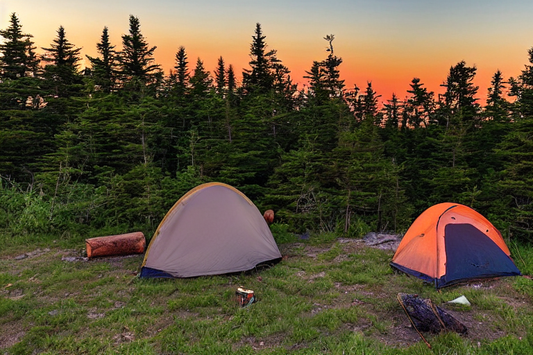A cozy brown tent rests on a quiet dirt clearing in Acadia National Park. Wildflowers bloom nearby as a warm campfire glows beside a lantern. The setting sun fades behind the clear sky, with the moon rising in the distance.