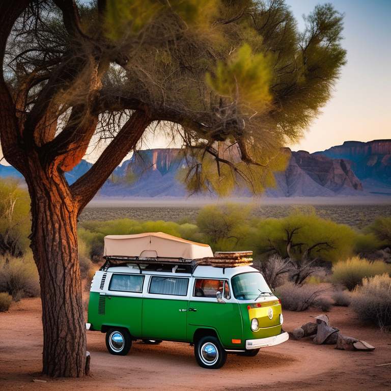 A green camo campervan rests in a quiet Big Bend campsite as the sun sets. A warm campfire glows beside a picnic table, clothesline, and large stone slabs. Clear skies and rugged desert views create a peaceful outdoor retreat.
