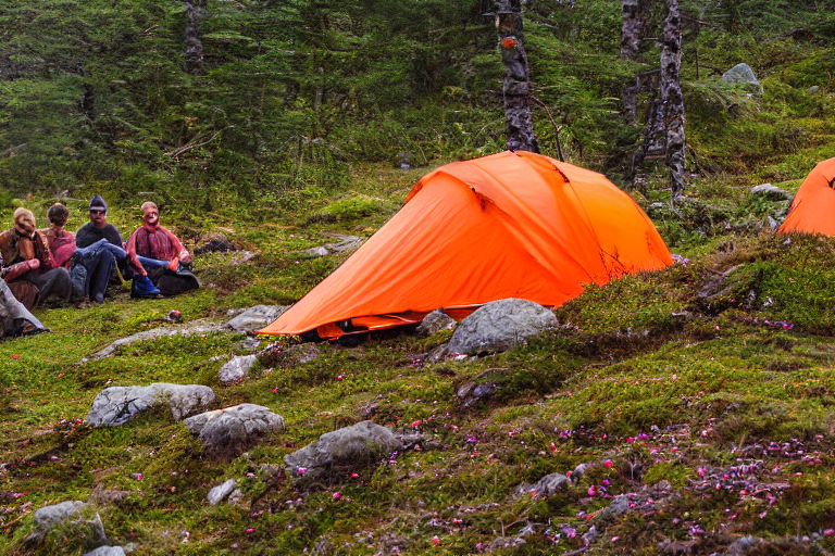 An orange tent rests beside a small campfire in a misty mountain valley. Rocky ground, fallen leaves, and wildflowers surround the quiet campsite, creating a peaceful daytime escape.