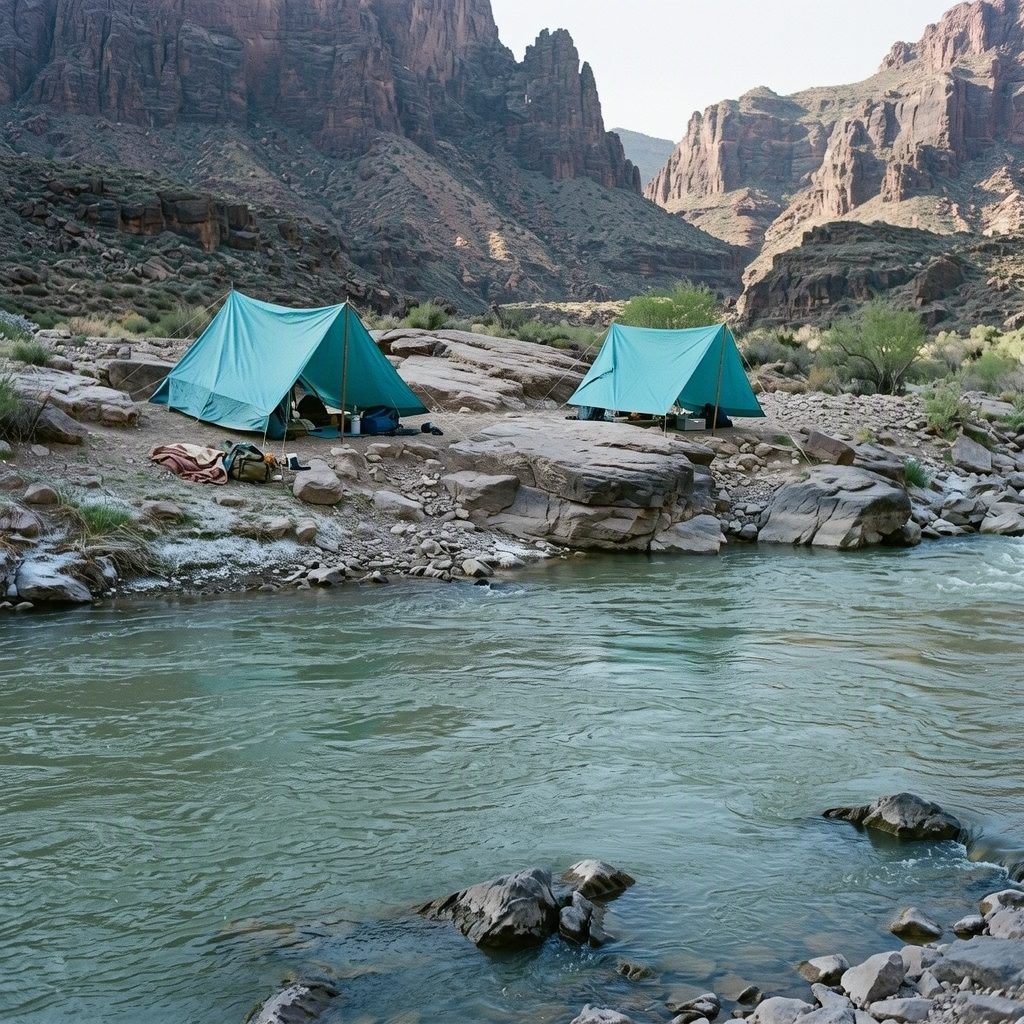 Two turquoise shelters rest on weathered stone beside the quiet river. Soft morning light warms the rocky shore, while the distant canyon stands calm and still.