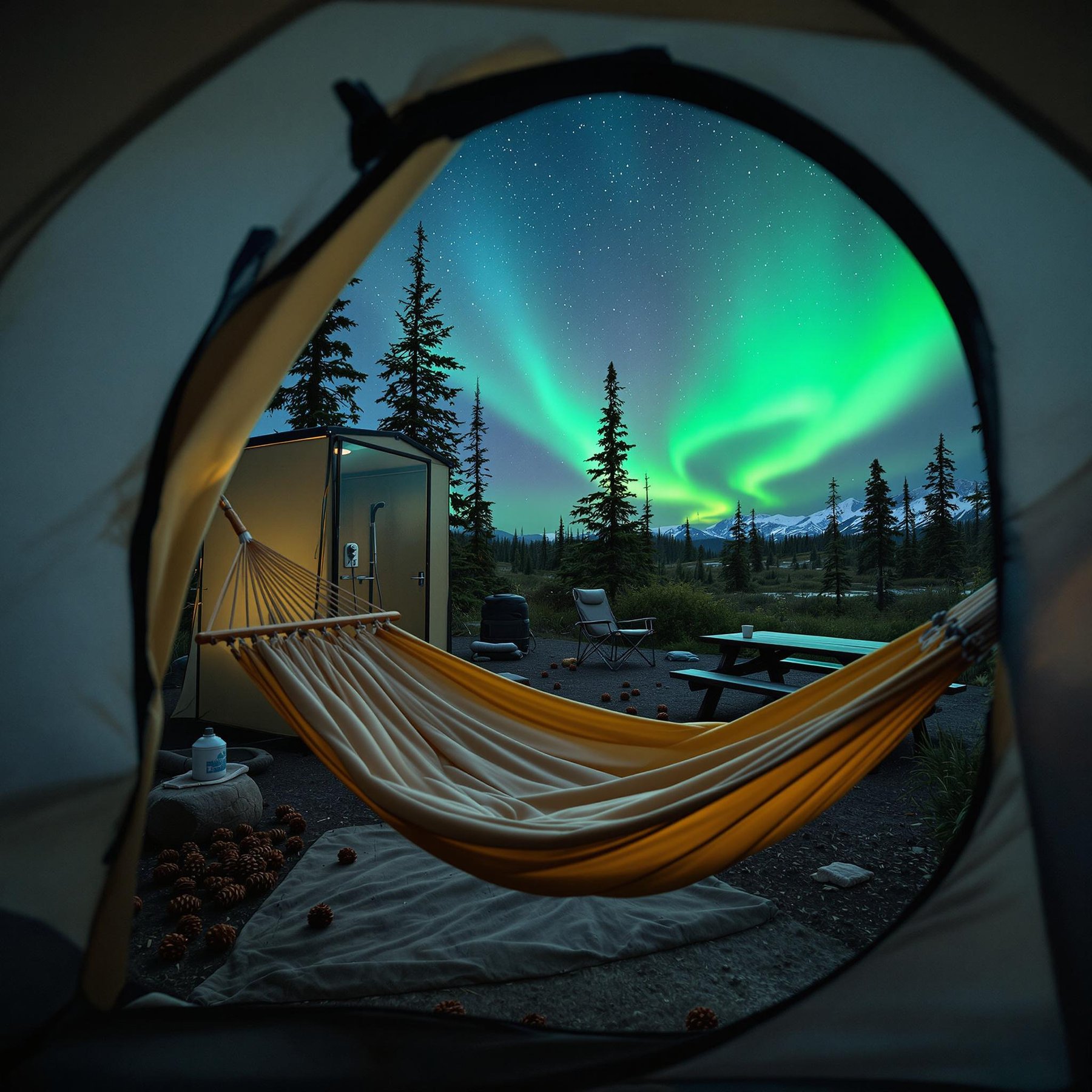 A cozy beige hammock rests in the quiet Alaska wilderness beneath a starry sky and glowing northern lights. Nearby, camping chairs, a picnic table, and a private outdoor shower create a welcoming campsite among the pine trees.