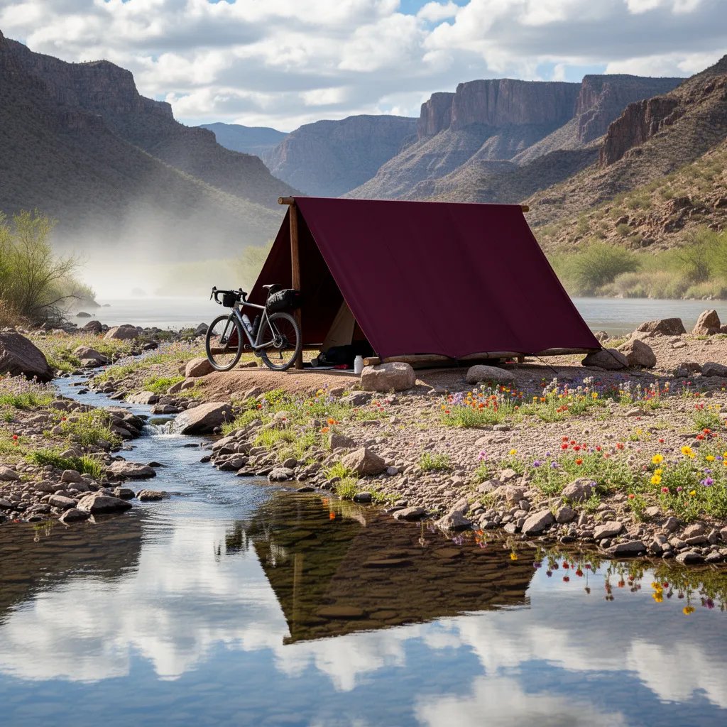 This campsite sits by a quiet stream in a rocky desert, surrounded by colorful wildflowers and tall mountains. A cozy tent and a bike wait for adventure under the bright, blue sky. The fresh air and peaceful views make it a great place to relax.
