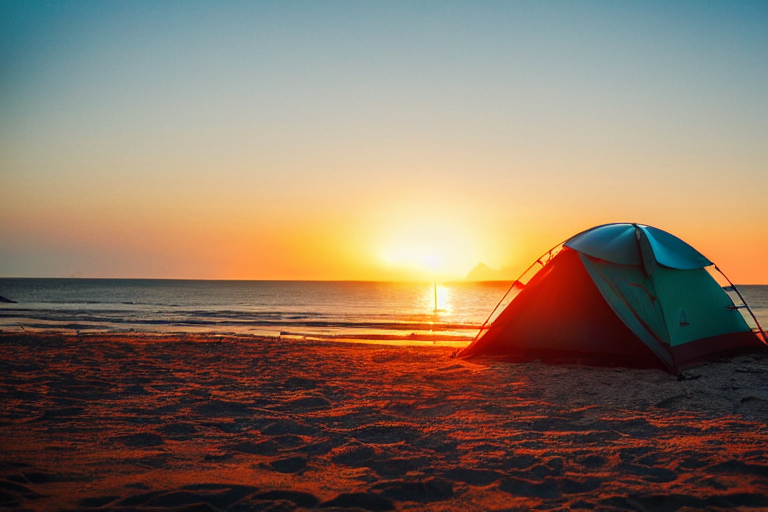 tent at campsite on a beach during sunset