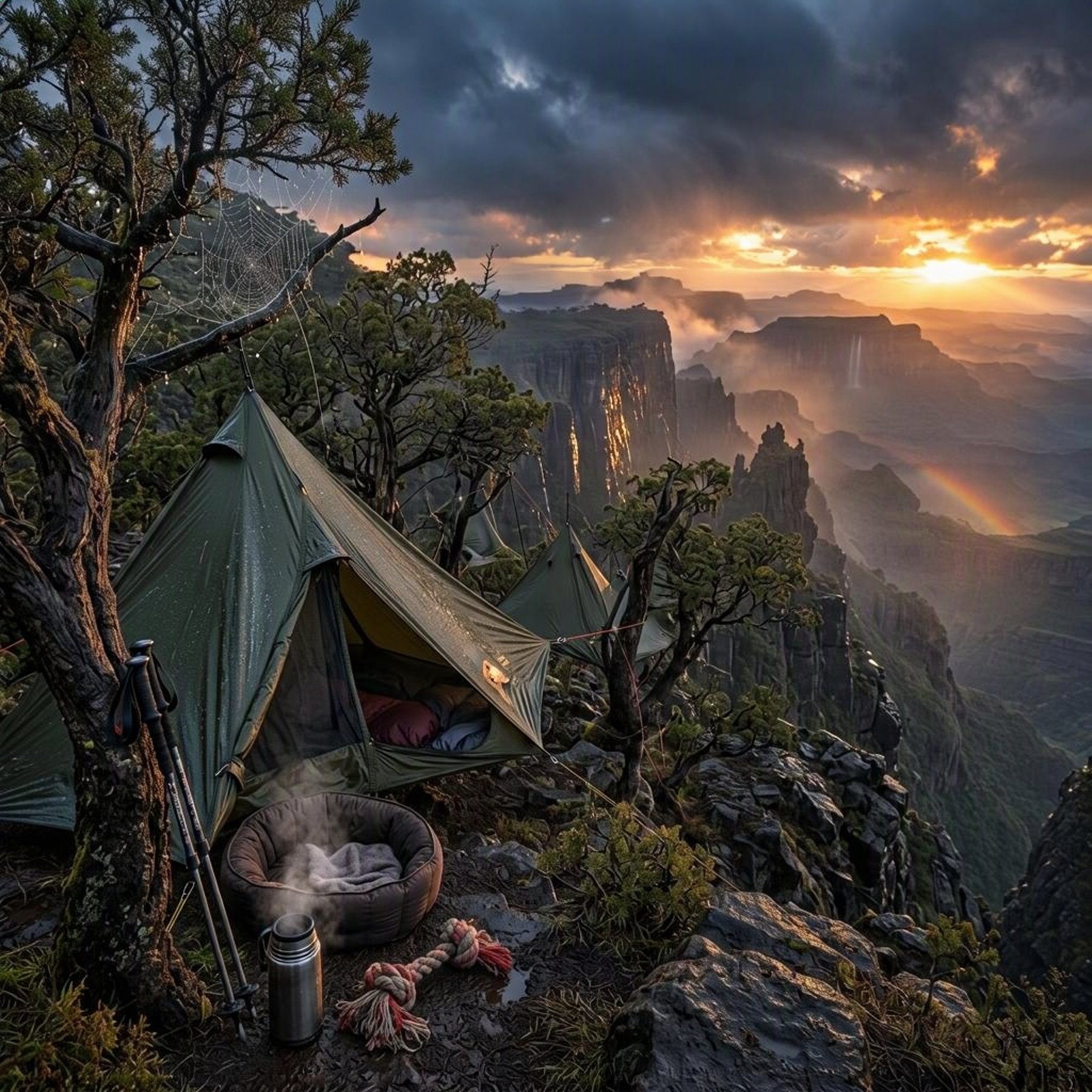 Three olive-green tree tents hang among twisted juniper trees high above the dark cliffs of Ethiopia’s Simien Mountains. Fine rain fills the deep valleys as a fiery sunset breaks through the storm clouds. Trekking poles, a steaming thermos, and a dog bed make the quiet campsite feel ready for adventure.
