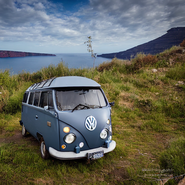A gray and blue campervan rests on a paved campsite beneath a clear night sky in Santorini. Tall grass and fallen leaves surround a wooden guitar on the ground, with a dark mountain rising in the background.